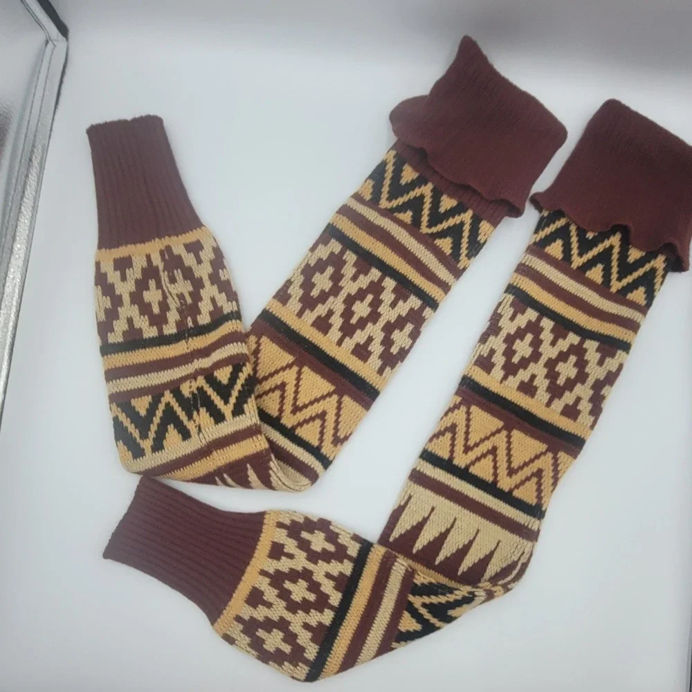 Vintage Brown Geometric Tribal Knit Leg Warmers Bohemian Fair Isle Boot Toppers